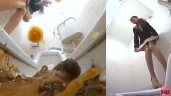 Young Japanese woman experiences intense diarrhea in a public restroom